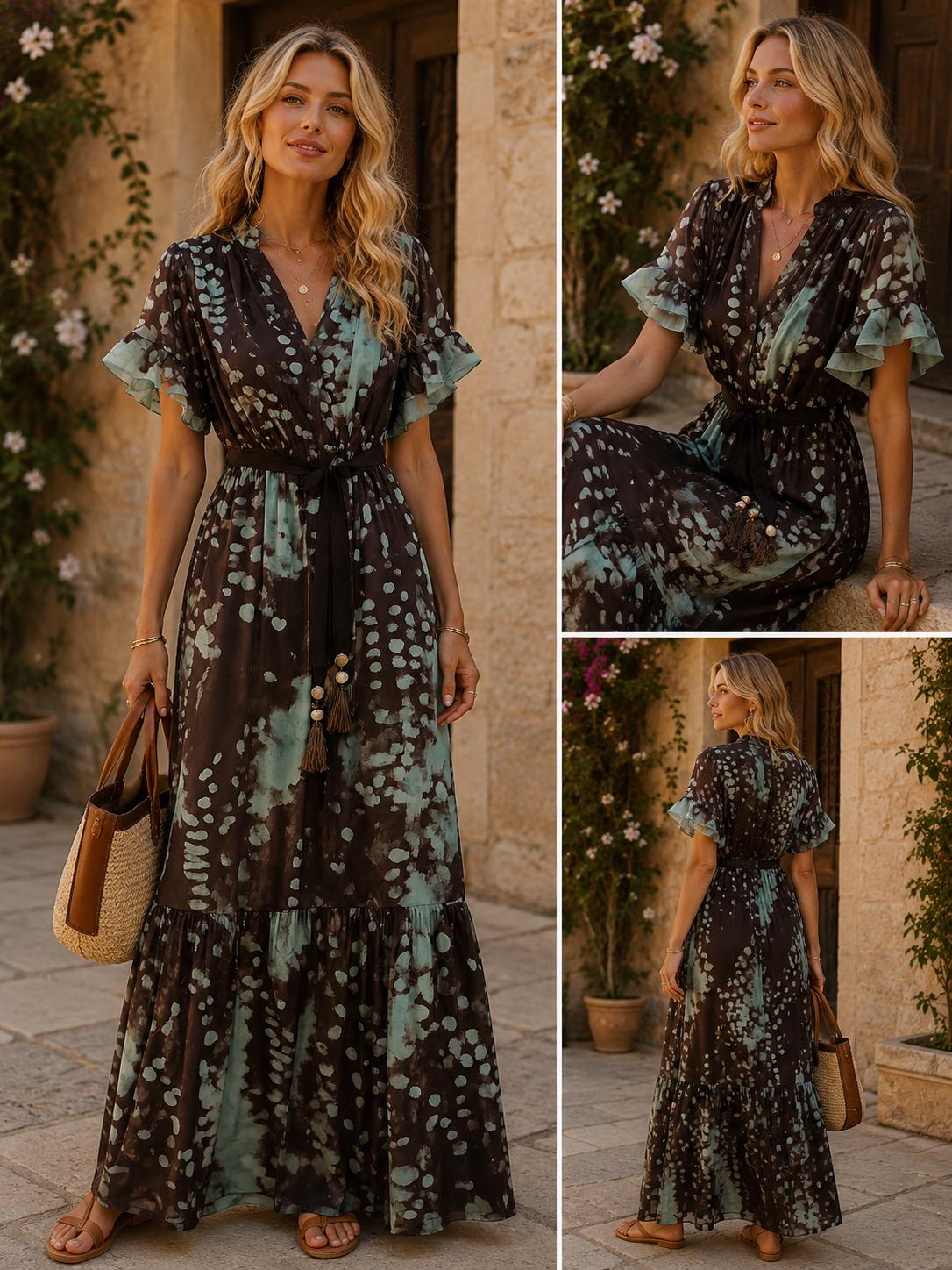 Vestito Lungo Marrone e verde acqua