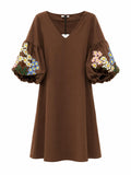 Vestito Midi con Maniche a sbuffo ricamate