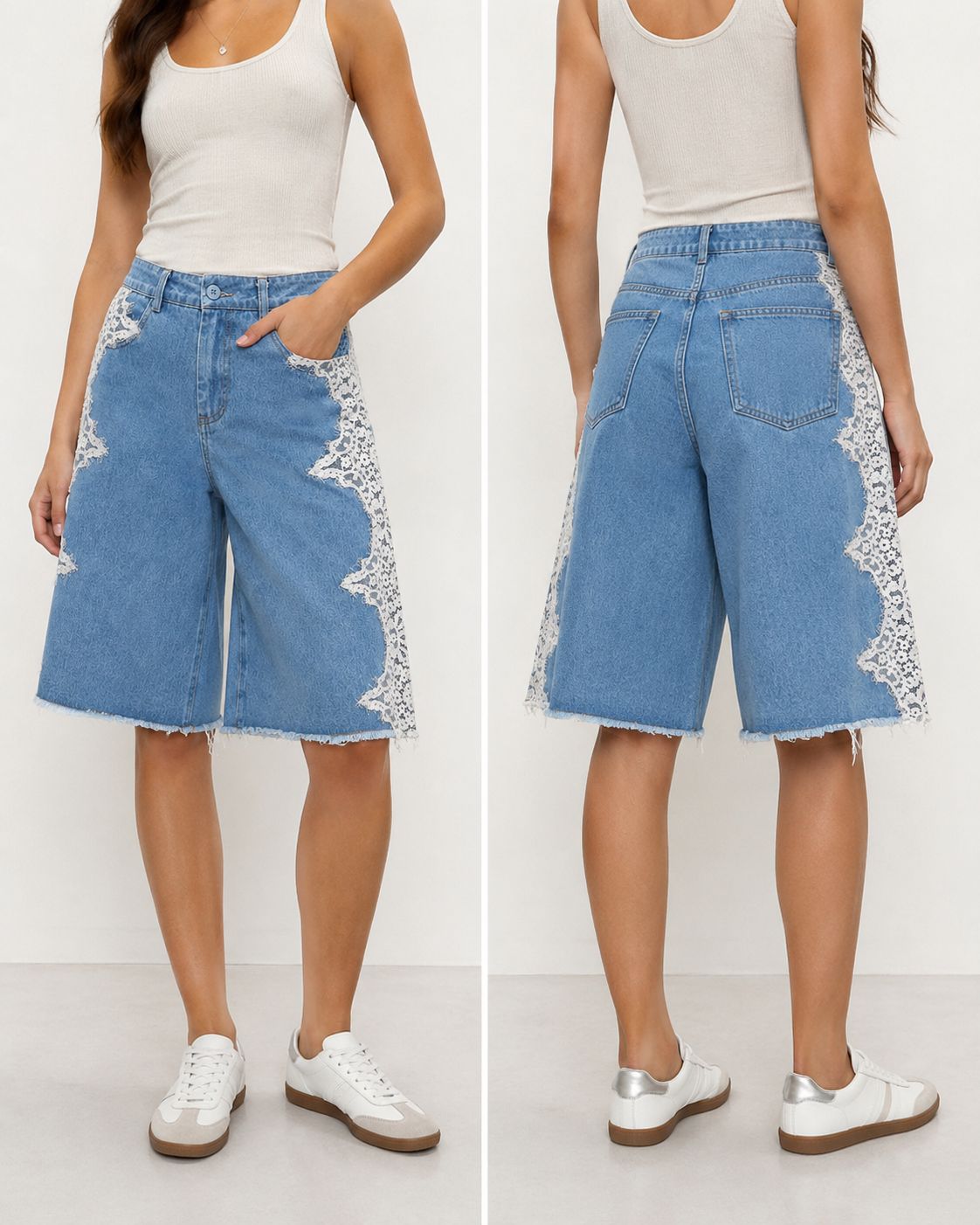 Bermuda in denim con pizzo