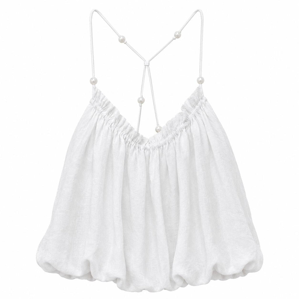 Top con spalline incrociate e perle