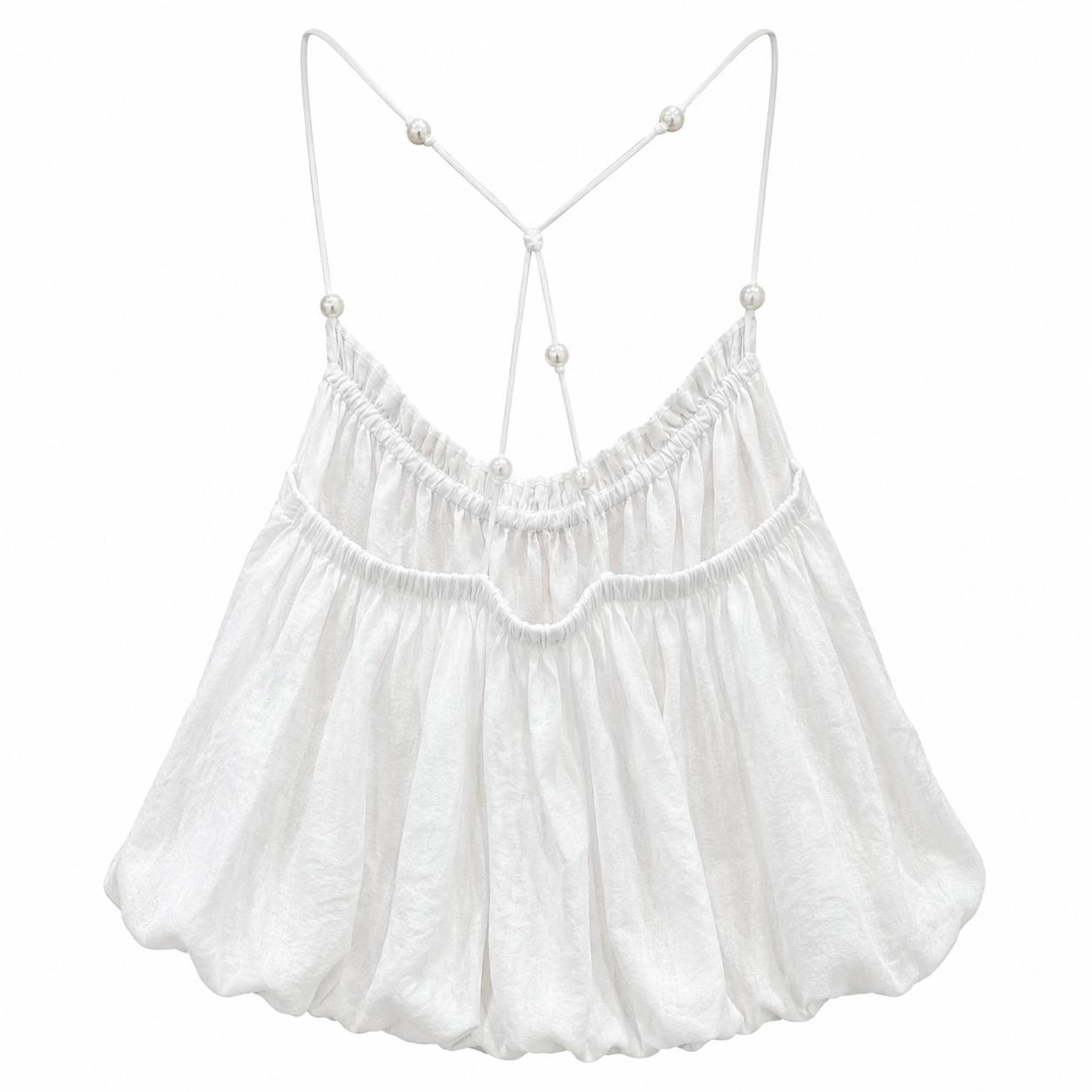 Top con spalline incrociate e perle