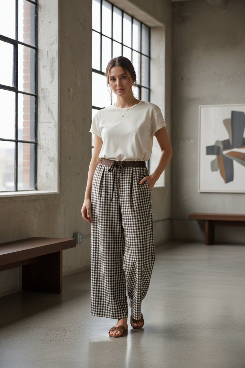 pantalone wide leg vichy marroni/beige