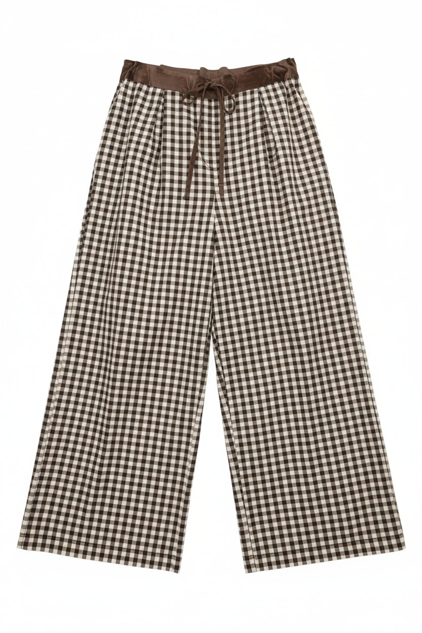 pantalone wide leg vichy marroni/beige